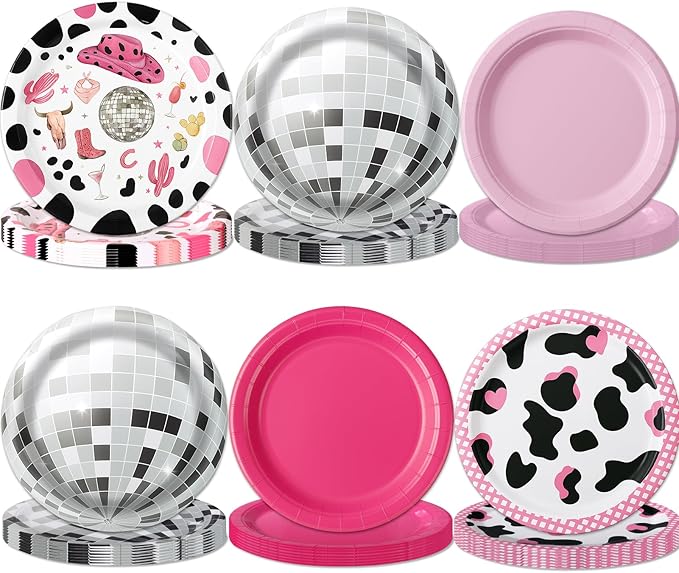 48 Pcs Disco Cowgirl Party Paper Plates, 9" 7" Hot Pink Cow Print Disco Ball Disposable Dessert Plates for Birthday, Baby Shower, Wedding, Western Last Rodeo Bachelorette Party Decorations Supplies