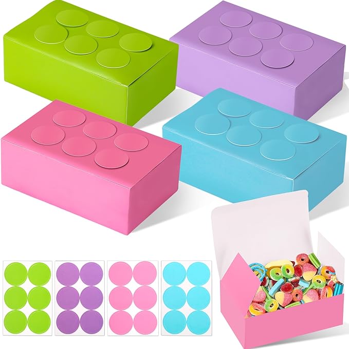 Leinuosen 24 Pieces Building Block Party Favor Boxes 4 Color DIY Brick Theme Gift Goodie Treat Candy Cardboard Paper Box for Building Block Birthday Party Baby Shower Decoration Supplies(Light)