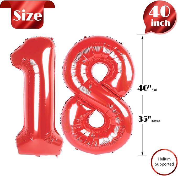 Red Number 18 Balloon 40 inch, 18 Number Balloons, 18th Red Birthday Decorations, 18 Year Old Girls Boys Party Supplies