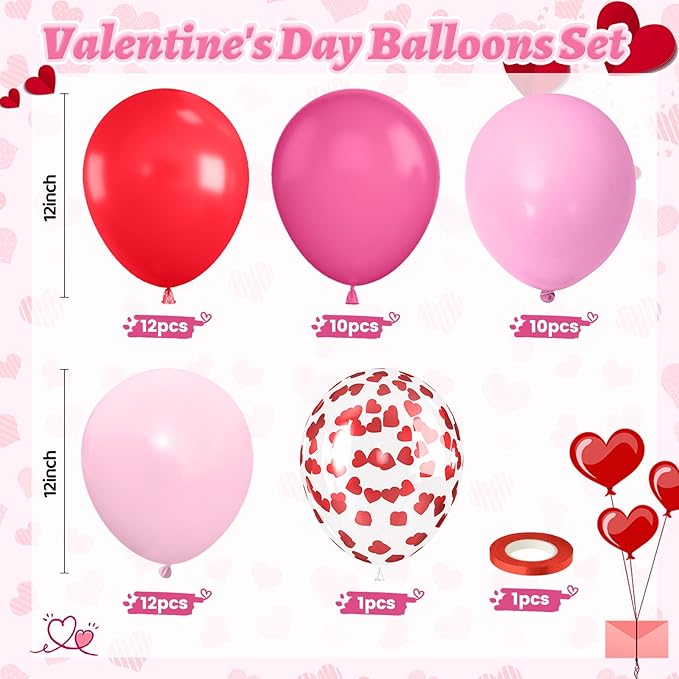 Valentine's Day Balloon, Valentine's Day Party Decoration with Red Hot Pink Balloons Heart Confetti Latex Balloons For Valentine Party Birthday Wedding Bridal Anniversary Engagement Decorations