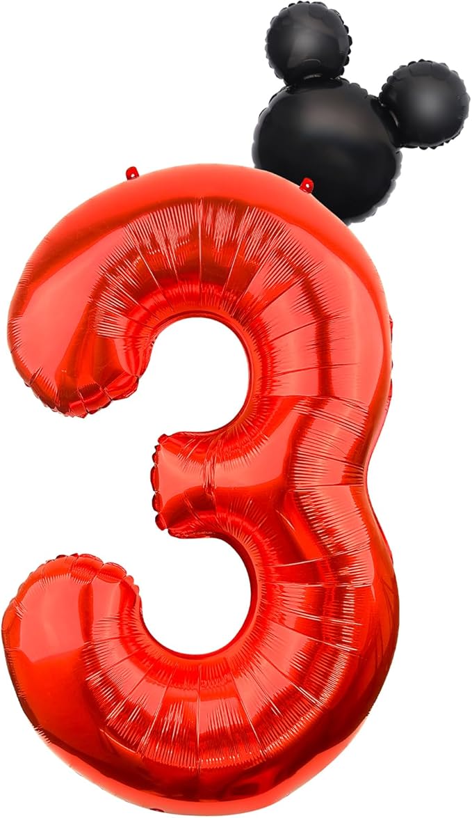 Mouse Number 3 Balloon 40 Inch Red Number 3 Balloon Mini Mouse Head Balloons for 3rd Birthday Party, Black Red Large Numeral Foil Balloons for Baby Shower Anniversary Supplies Decorations