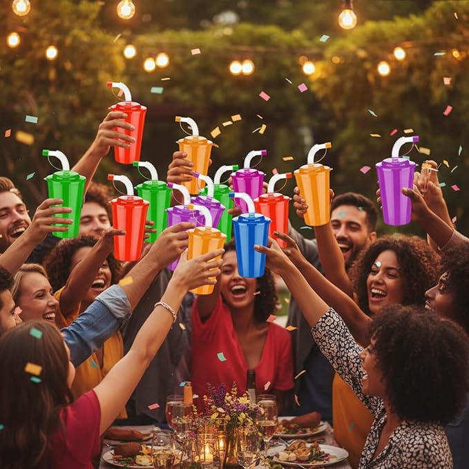 Zubebe 24 Pcs Neon Straws Cups 12 oz Colorful Neon Cups with Sipper and Lids Plastic Favor Reusable Straw for Birthday Party Events Supplies, 6 Colors