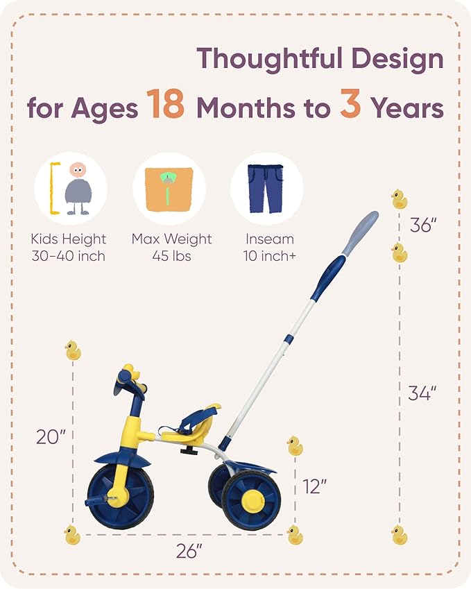 KRIDDO 2 in 1 Kids Tricycles Age 18 Month to 3 Years, EVA Wheels Upgraded Trikes Gift for Toddlers 2 to 3 Year Old with Push Handle and Duck Bell, Blue