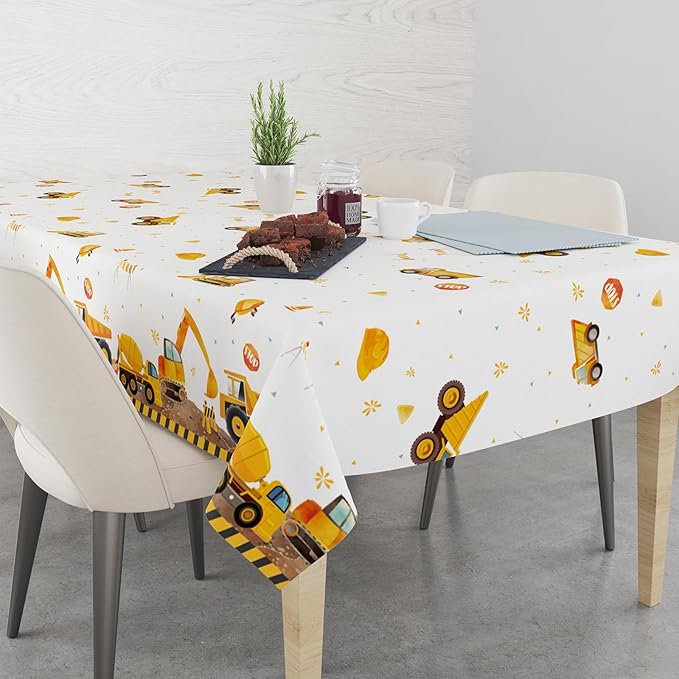 2 Pack Construction Party Tablecloth for Kids, Digger and Excavator Theme Table Cover, 108x54 Inch Truck Birthday Party Decors for Boys, Rectangle Waterproof Table Cloth