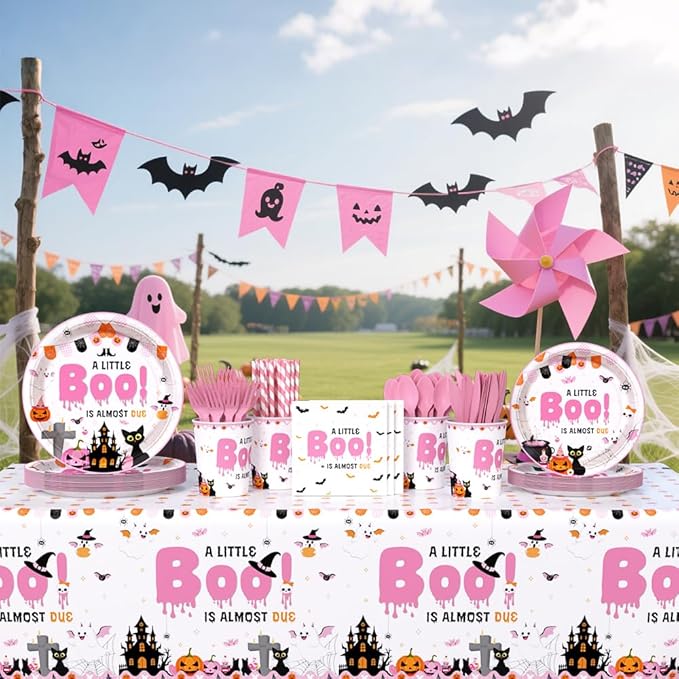 194Pcs Halloween Baby Shower Decorations for Girl A Little Boo is Almost Due Baby Shower Party Plates, Cup, Napkin, Tablecloth, Tableware, Halloween Themed Party Supplies Plates Serve 24 Guests