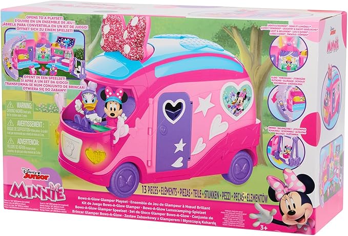 Disney Junior Minnie Mouse Bows-A-Glow Rolling Glamper 13-piece Figures and Playset, Kids Toys for Ages 3 Up, Amazon Exclusive by Just Play
