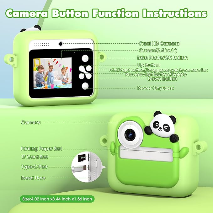 Kids Camera Instant Photo Printing,HD Digital Video Dual Cameras with Panda Silicone Case,Kids Digital Camera That Print Photos Easter Birthday Gift for Boys and Girls with 32GB SD&3 Rolls Print Paper