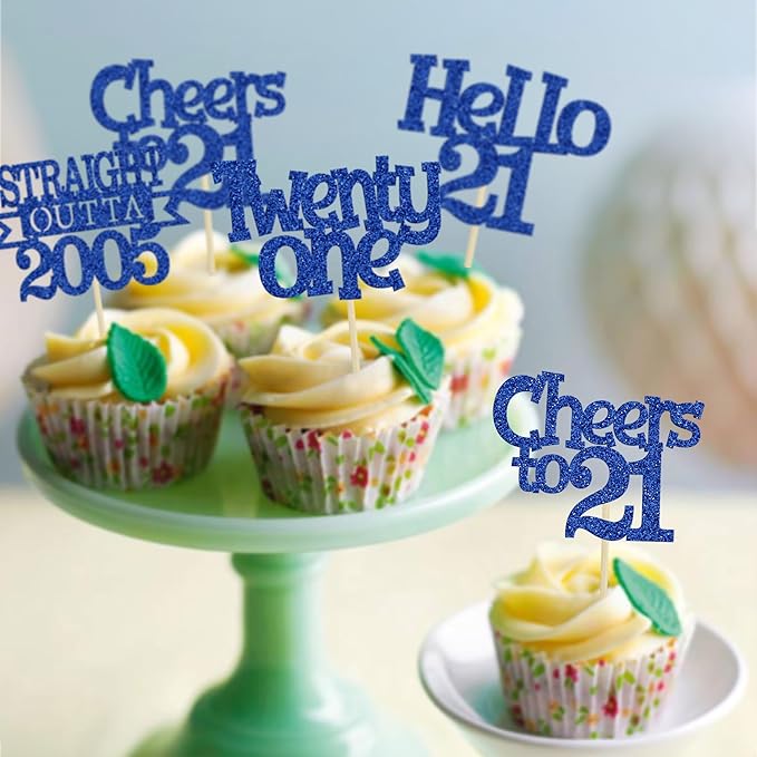 Ephlyn 24Pcs 21st Birthday Cupcake Toppers Glitter Straight Outta 2005 Cupcake Picks Hello 21 Cheers to 21 Years Cake Decorations for 21st Birthday Anniversary Party Decorations Supplies Blue