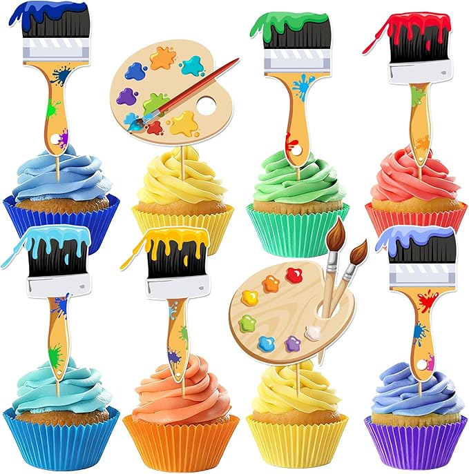24pcs Art Paint Cupcake Toppers: Paint Brush Cupcake Toppers Art Theme Cake Decorations Artist Birthday Party Favors Supplies