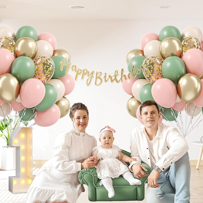 60pcs Pink and Green Balloons 12inch with Sage Green Light Pink Sand White Metallic Gold Confetti Balloons for Birthday Bridal Shower Boho Baby in Bloom Baby Shower Decorations