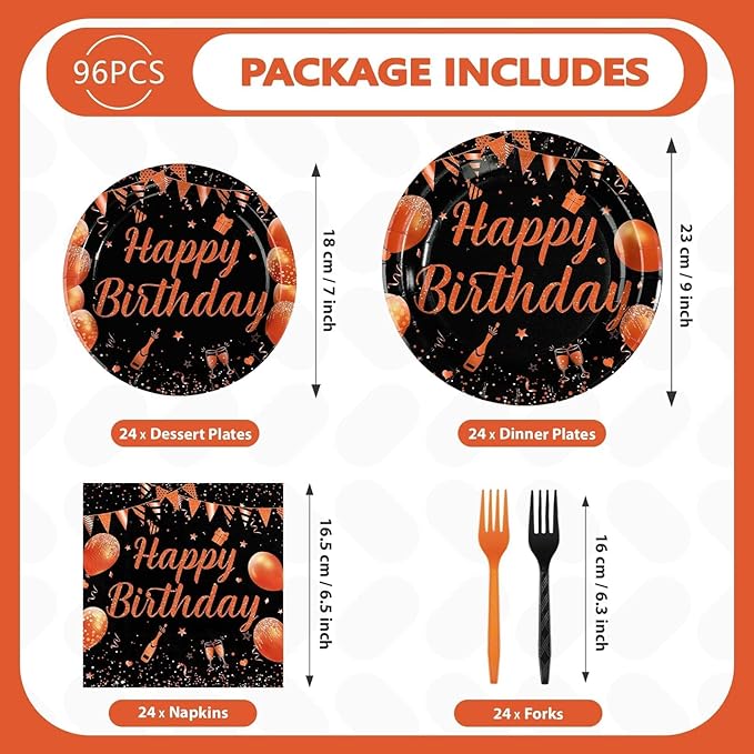 96Pcs Orange Black Happy Birthday Party Decorations Black and Gold Plates and Napkins Disposable Whiskey Bday Tableware Set for Women Girls Kids Boys Men Birthday Baby Shower Party Supplies Serves 24