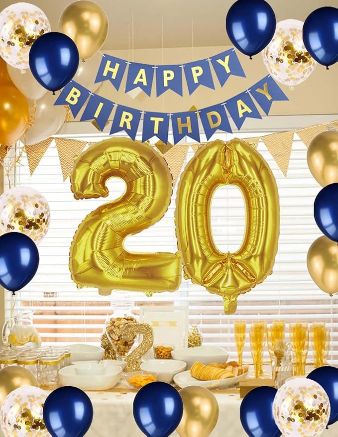 20th Birthday Party Decorations for Men, Navy Blue Gold Happy 20th Birthday Banner Number 20 Foil Balloons Metallic Latex Confetti Balloons for Men Him 20 Years Old Birthday Decoration (20th)