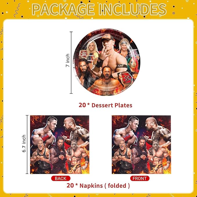 40Pcs Wrestling Party Supplies include 20 plates, 20 napkins for Wrestling birthday party decoration