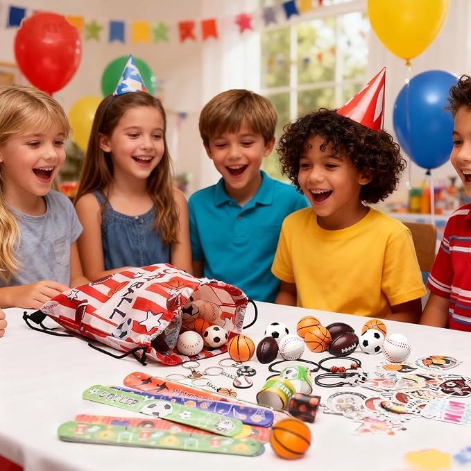 169 Pcs Sportball Party Favors Bulk 48 Pcs Sportball Stress Balls and Sport Stickers 24 Pcs Sport Keychain and Wristbands and Snap Bracelets Drawstring bags for Team Birthday Party Supplies