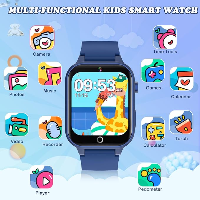 Kids Smart Watch with Camera, Video, Music Player, Alarm Clock, Stopwatch, Calendar, Pedometer, 1.54'' HD Touchscreen, Shockproof, IP68 Waterproof for Girls Boys 6-12 Years Old (Blue)