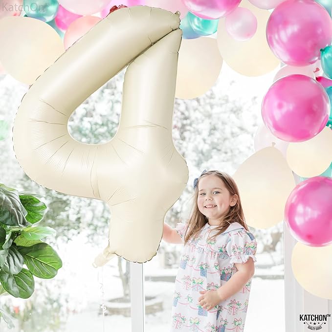 KatchOn, Giant Cream White 4 Balloon Number - 40 Inch | Number 4 Balloons for Birthdays | 4th Birthday Decor for Party | Creme Number 4 Balloon | 4 Year Old Balloon for 4th Birthday Party Supplies