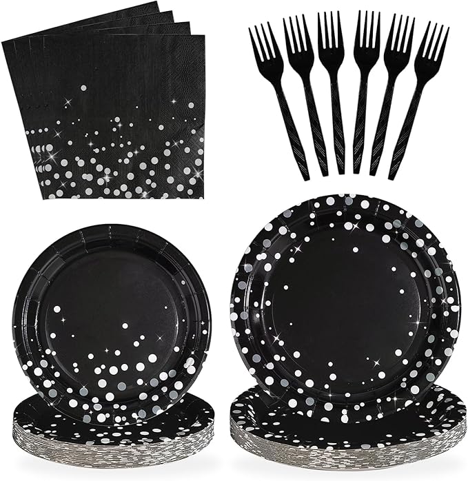 Grencian 96Pcs Black and Silver Party Decorations White Silver Dot on Black Paper Plates Disposable Birthday Paper Tableware Set for Birthday Retirement Wedding Party Supplies, Serve 24