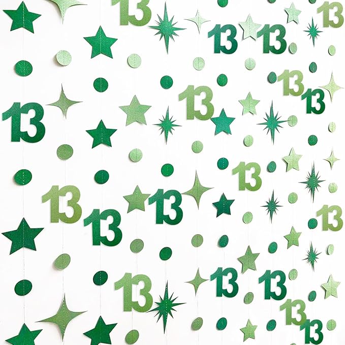 Green 13th Birthday Decorations Number 13 Circle Dot Star Garland Glitter Streamer Banner Backdrop for Girls Boys Official Teenager Cheers to 13 Years Old Birthday 13th Anniversary Party Supplies