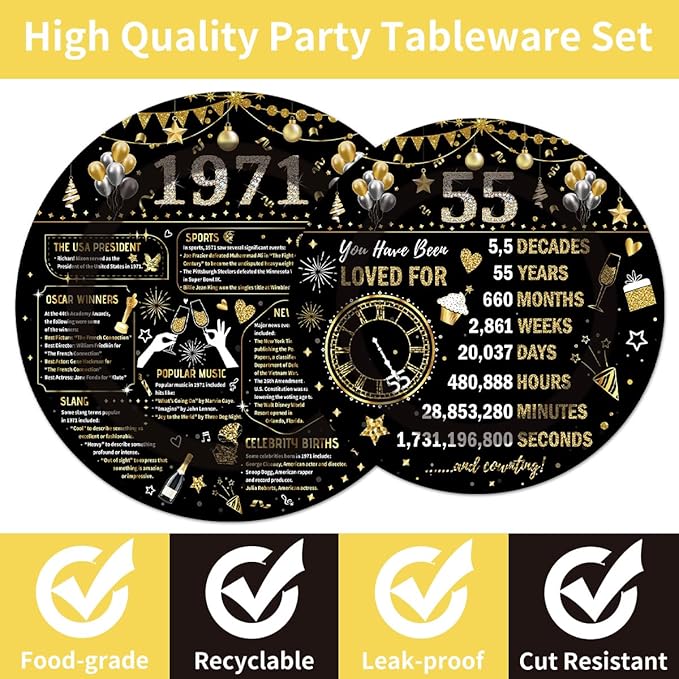 96PCS 55th Birthday Plates and Napkins Party Supplies 55th Birthday Decorations for Women Men 55th Anniversary Decorations Cheers to 55 Years Vintage 1971 Tableware Sets Serve 24 Guests
