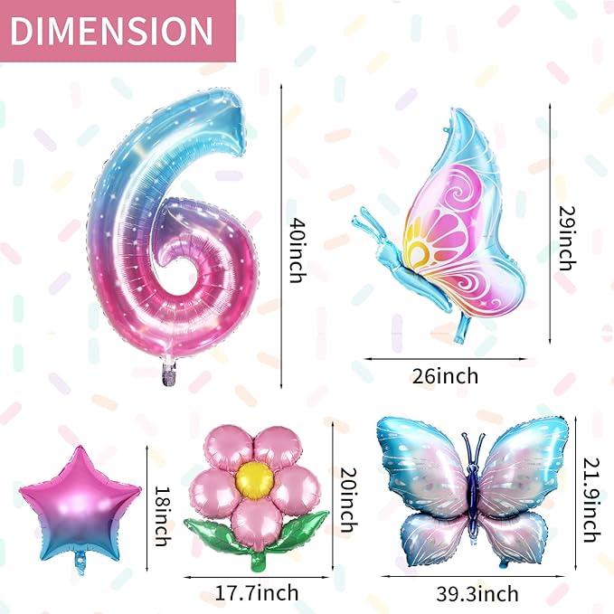 Butterfly Balloon 6th Birthday Decorations, Colorful Gradient Pink Foil Balloons for Fairy Party, Girl Party Supplies, Baby Shower