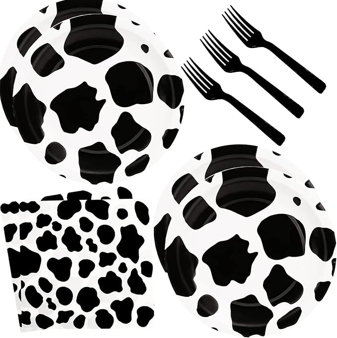 60pcs Cow Print Party Supplies - Cow Themed Tableware Set with 7" Paper Plates, Napkins & Forks for Kids Birthday Party (Serves 20)