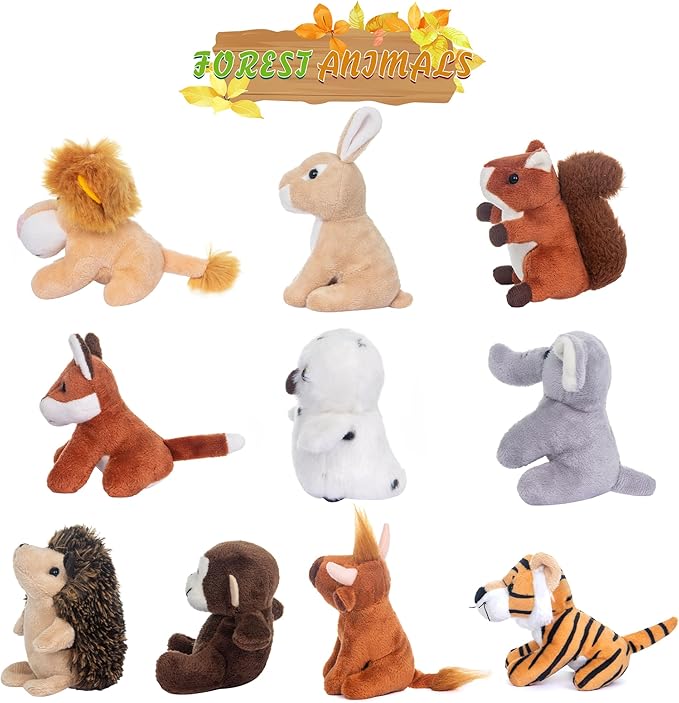 My OLi 10 Pack Plush Wild Animals Toys - 3.5 Inch Jungle Stuffed Animal Bulk Toys for Kids: Tiger Lion Elephant Monkey Hedgehog Rabbit Squirrel Owl Fox Bison, Set of 10