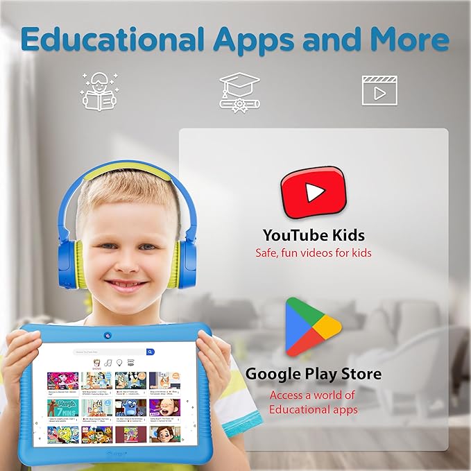 Contixo 10" Android Kids Tablet Bundle - 32GB, Epic! & Lingokids Educational Apps, Parental Controls, Kid-Proof Case w/Kickstand & Stylus, Headphones & Sleeve Bag - Blue