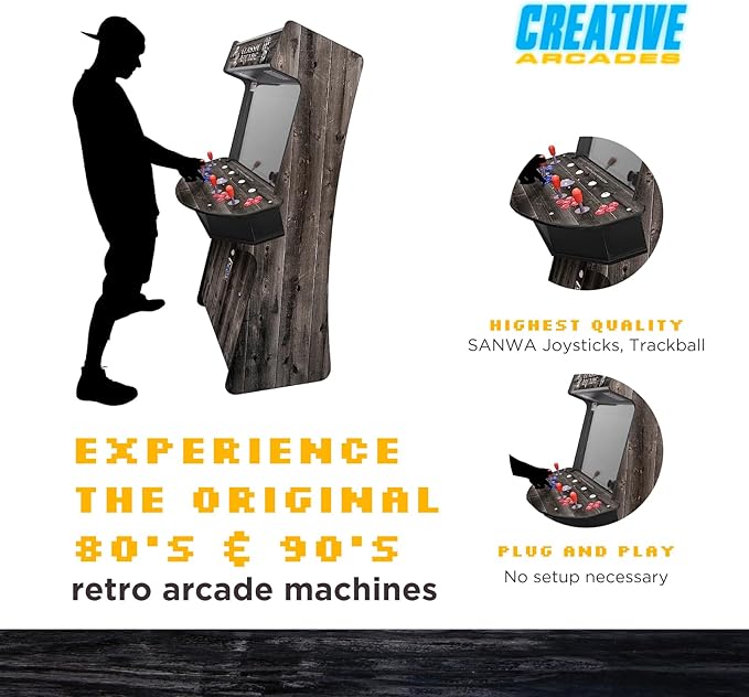 Creative Arcades Full Size Stand-Up Commercial Grade Arcade Machines | 4 Player | 3500 Games | 32" LCD Screen | 4 Sanwa Joysticks | Trackball | Woodgrain | 2 Stools Included | 3 Year Warranty