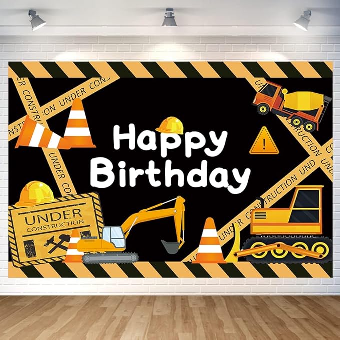 Cute Construction Birthday Party Backdrop Under Construction Happy Birthday Banner Excavator Bulldozer Cement Mixer Photography Background for Boys Party Decorations Supplies 70.8 x 47.2 Inch