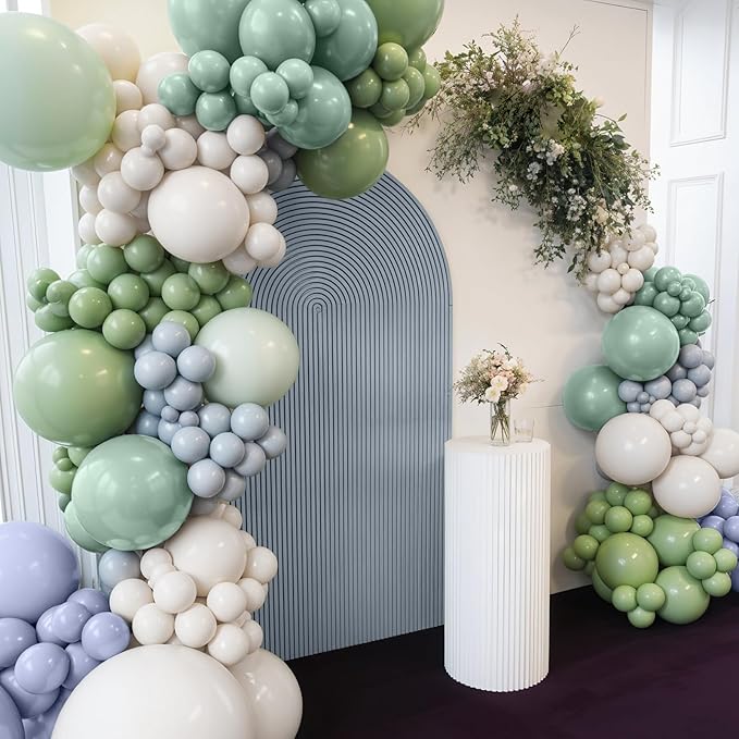Blue and Green Balloons, 12 Inch Dusty Green Blue Sand White Pastel Sage Cream Balloon for Baby Shower Bridal Shower Wedding Boho Birthday Party Decorations