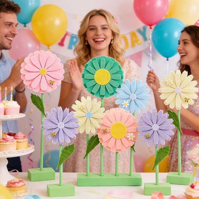 SUNBEAUTY 8PCS Daisy Felt Centerpieces for Tables Pastel Flower Birthday Party Decorations Daisy Birthday Party Decorations Spring Floral Table Decor for Girl Birthday Baby Shower Garden Home Decor