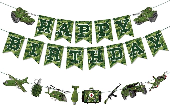 Zwiebeco Camouflage Happy Birthday Party Decoration Green Camo Banner Hanging Paper Bunting Garland Sign for Boys Kids Mens Adults Aoldier Military Themed Accessories Supplies