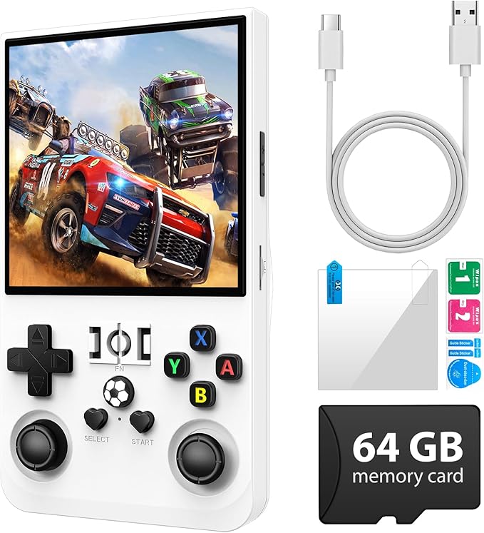 R36Max Retro Handheld Game Console, Portable Mini Retro Handheld Game Console, 4.0 Inch IPS Video Gaming Console with 64GB TF Card Retro Games, 4000mAh Battery, White