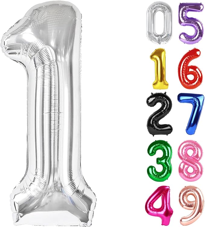 Silver Number 1 Balloon 40 Inch, 1st Birthday Balloon for Baby Boy Girl Toddler First Birthday Decorations, Shiny Silver Party Supplies