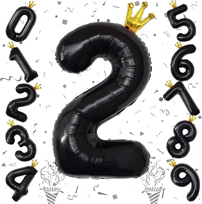 40 Inch 2nd Birthday Balloon Number, Crown Black Foil Giant Number Balloons 0-9 Set, Self Inflating Balloons for Kids Girls Boys 20th Birthday Party Decor Anniversary Party Decoration Supplies