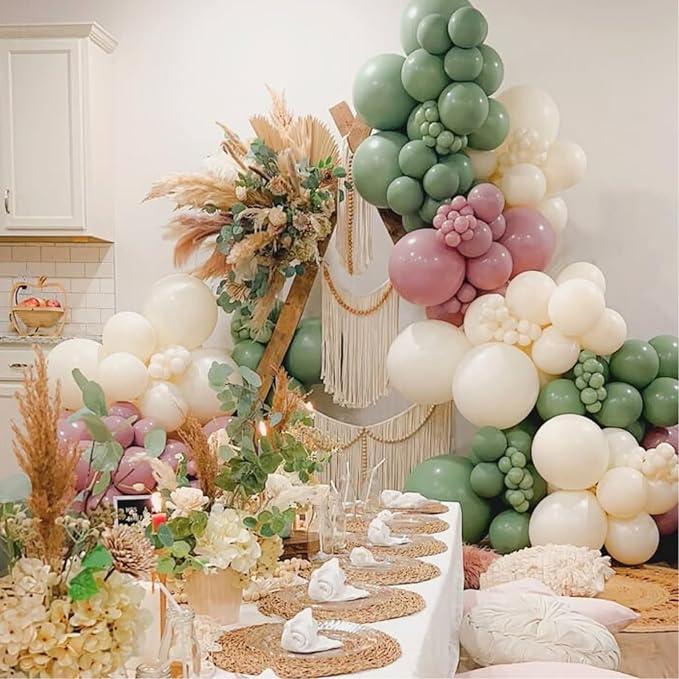 Pink and Green Birthday Decorations,Sage Green Retro Pink Balloons Decor Happy Birthday Banner Star Heart Foil Balloon Cake Topper Party Supplies for Women Girl Boys Baby Shower
