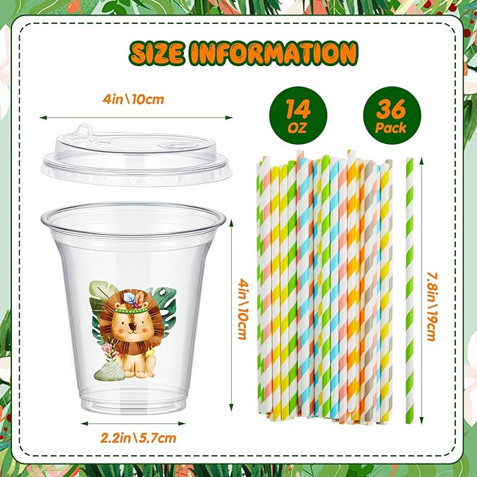 Boao 36 Set Jungle Safari Animal Themed Party Favors Plastic Cups 14 oz Birthday Party Supplies Cups with Plastic Lids and Paper Straws for Jungle Safari Animal Theme Birthday Gift
