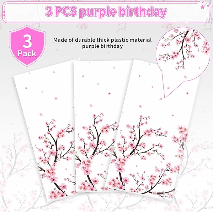 3Pcs Cherry Blossom Tablecloth Pink Floral Plastic Table Cover Waterproof Japanese Sakura Disposable Table Cloth for Baby Shower Woman Birthday Bridal Shower Wedding Party Decorations, 54 x 108 Inch