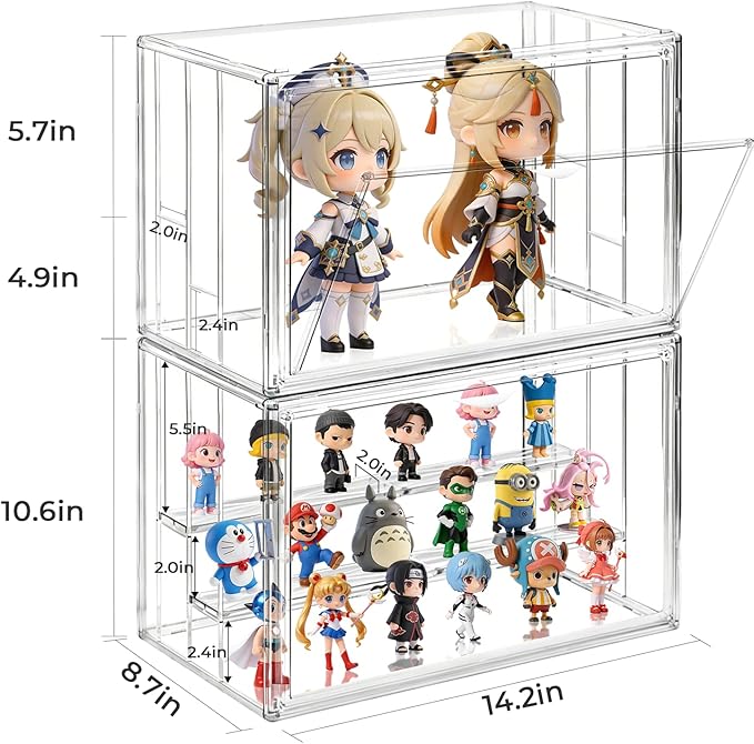 Clear Acrylic Display Case for Collectibles 3 Layer Adjustable Figure Display Box with 2 Movable Plates, Stackable Figurine Display Shelf with Magnetic Door for Action Figures, Funko (AY03-XLarge-2)
