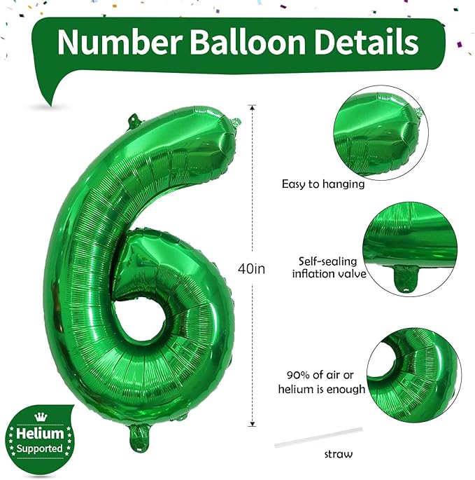 Giant Number Balloons 6, Dark Green 0-9 Set Number Balloons for Women Men, 40 Inch Foil Helium Number Balloon for Boys Girls 6th Birtyday Party Decor Jungle Anniversary Decorations Supplies