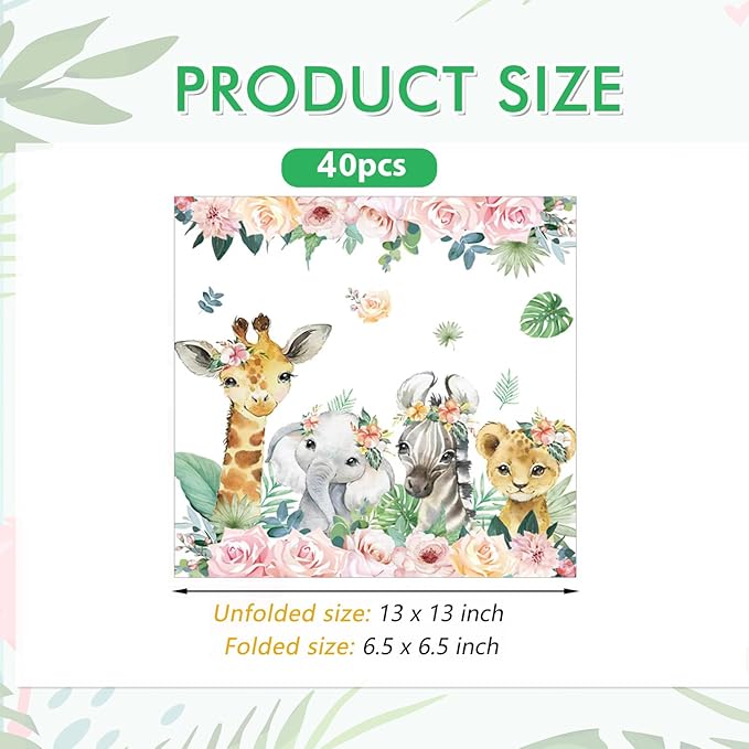 40 Pack Floral Jungle Animal Baby Shower Napkins - 6.5x6.5 Inches Watercolor Pink Jungle Animal Paper Napkins for Jungle Animal Birthday Decorations & Girl Safari Party Supplies