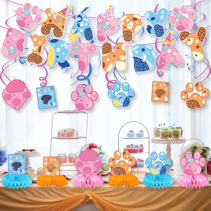 Blue and Pink Dog Birthday Party Supplies, Cute Dog Party Decorations -Banner -6 swirl-6 Honeycomb Centerpieces