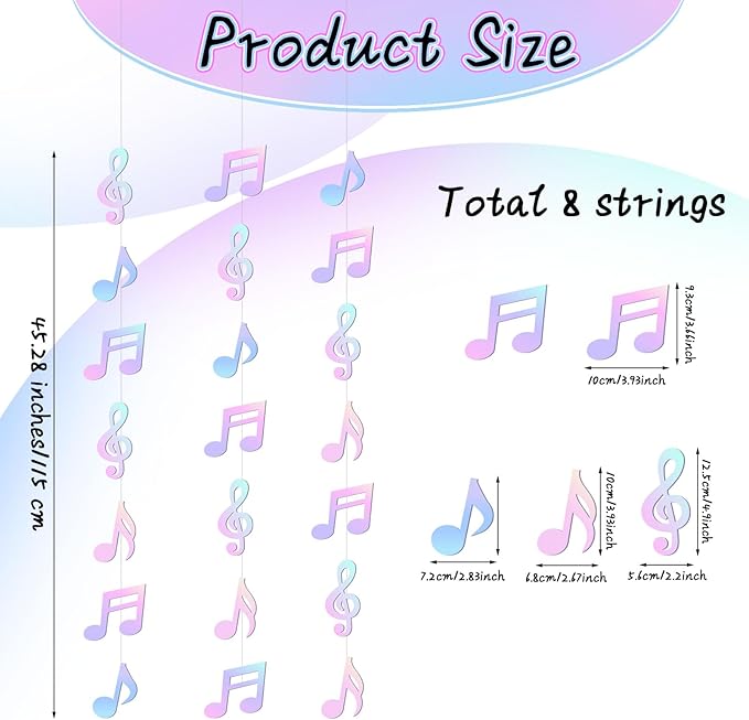 Cindeer 8 Pcs Music Notes Party Decorations Musical Birthday Hanging Decorations Music Notes Paper Garland Banner for 50s 80s Birthday Baby Shower Wedding Party Supplies Ceiling Decor(Iridescent)