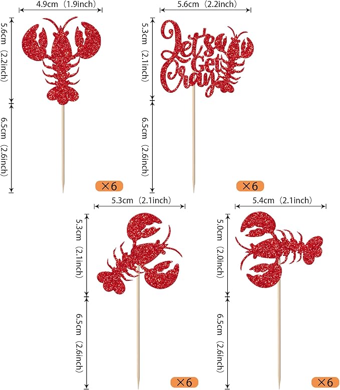 24 Pack Crawfish Cupcake Toppers Red Glitter Lobster Cupcake Picks Let's Get Cray Bachelorette Sea Animal Theme Baby Shower Kids Birthday Party Cake Decorations Supplies Red