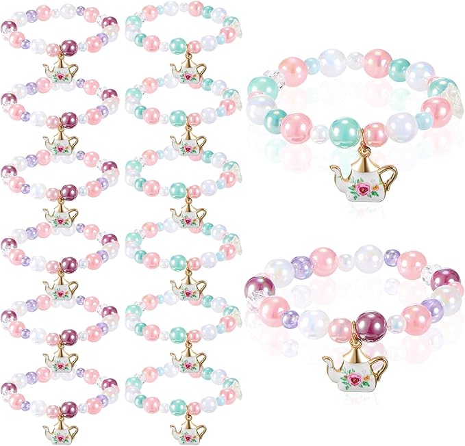 Ecally 12 Pcs Tea Party Favors Bracelet Bulk Tea Pot Beaded Bracelet Party Supplies Pendant Accessories Valentine's Day Decorations for Kids Girl