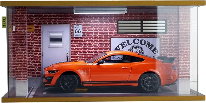 Display Case for 1/18 Diecast Cars,Acrylic Display Case for 1/12 Scale Toy Motorcyle with LED Lighting, Route 66-3 Open Side