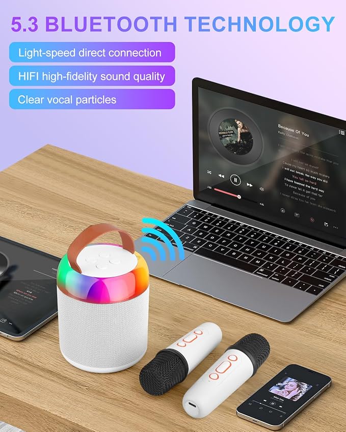 Karaoke Microphone Machine with 2 Drivers for Kids Adults, Muscial Singing Toy for Girls Boys Ages 3-12 Years Old, Bluetooth Speaker Birthday Gift Stocking Stuffer Classroom Prizes Party Game