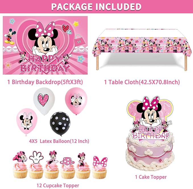 27 Psc For Minnie themed birthday party set, easy to assemble decorations including children's DIY cake toppers and background cloth set, perfect for children's birthday parties.