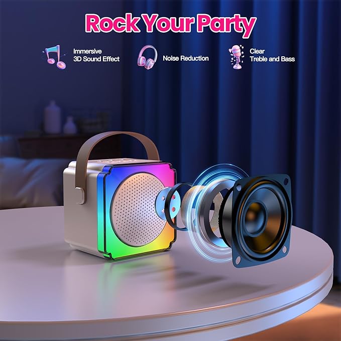 Mini Karaoke Machine with 2 Wireless Microphones, Birthday Gifts for Kids, Adults, Girls Boys Birthday Easter Toys, Age 3-12+ Year Olds, Portable Bluetooth Speaker, 1 Bag, for Singing Party (White)