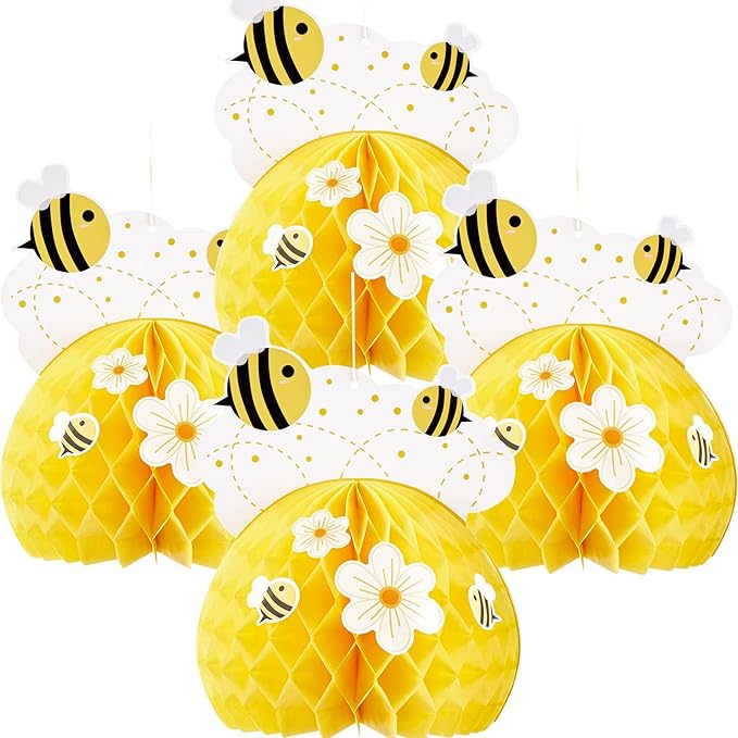 SUNBEAUTY 4PCS Honey Bee Honeycomb Centerpieces Decorations Yellow Bee Honeycomb Table Centerpieces with Sunflower Stickers for Baby Shower Birthday Gender Reveal Birthday Decoration
